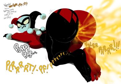 1girls ass ass_focus ass_up barrybbeesly batman:_the_animated_series batman_(series) biting_lip biting_own_lip clown clown_girl crossed_eyes dc dc_comics dcau fart fart_cloud fart_fetish fat_ass feet female harleen_quinzel harley_quinn harley_quinn_(classic) humor makeup no_hair pleasure_face pun suit text thick_ass thick_thighs warner_bros warner_bros._animation warner_brothers yoga
