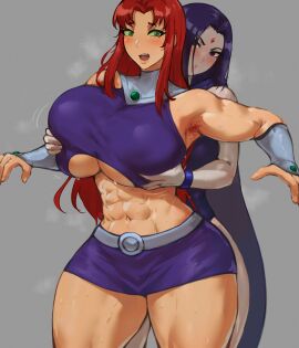 2girls abs alternate_breast_size armpit_hair armpits batako blush breast_grab breasts dc dc_comics female female_only green_eyes huge_breasts multiple_females multiple_girls muscular muscular_female raven_(dc) red_head skirt starfire tagme underboob yuri