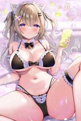 ass ass_visible_through_thighs bathroom bathtub bell_collar belly breasts bubble bubbles cameltoe cat_ears cat_girl catgirl clumsy detached_collar female holding_object large_ass large_breasts light_brown_hair light_rays long_hair lying_on_back maid maid_bikini purple_eyes pussy rubber_duck shiny_skin slipping soap sponge spread_legs teddy_bear thick_thighs two_side_up wide_hips