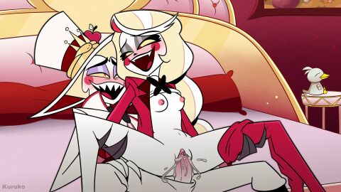 1boy 1girls accurate_art_style big_ass blonde_hair blush breasts charlie_morningstar_(hazbin_hotel) clothed_sex cum cum_in_pussy cum_inside daughter fake_screenshot father father_and_daughter female hazbin_hotel incest internal_cumshot kuruko looking_at_another lucifer_morningstar_(hazbin_hotel) male on_model pussy spread_legs straight vagina vaginal_penetration vaginal_sex