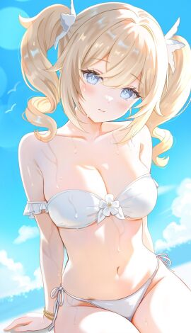 1girls 2d 2d_(artwork) alternate_costume barbara_(genshin_impact) beach blonde_hair blue_eyes blush bra breasts cleavage clouds day female female_focus female_only front_view genshin_impact high_resolution highres light-skinned_female light_skin looking_at_viewer medium_breasts nasii ocean outdoors pigtails sand sitting sky slim_female smiling smiling_at_viewer solo solo_female solo_focus summer swimsuit thong thong_bikini two_piece_swimsuit water wet wet_body white_bikini white_bikini_bottom white_bikini_top white_bra white_swimsuit white_thong young younger_female