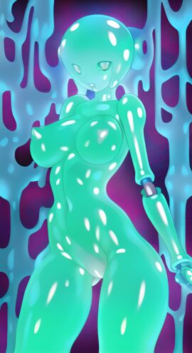 breasts cowboy_shot female goo_girl holding large_breasts monster_girl no_mouth shiny shiny_skin slime solo standing