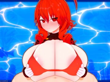 1boy 1girls 3d bikini black_shirt blush breasts breasts_out cyshen drill_hair female funamusea huge_breasts koikatsu koikatsu_(medium) lobco lobster_girl looking_at_viewer male paizuri partially_submerged pov red_bikini red_eyes red_hair straight titjob twin_drills wadanohara_and_the_great_blue_sea