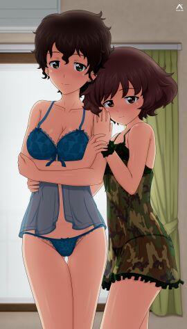 2girls acrux akiyama_yoshiko akiyama_yukari babydoll bra girls_und_panzer large_breasts lingerie milf mother_and_daughter panties short_hair sluts