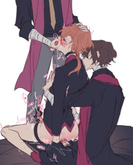 anal anal_sex bungo_stray_dogs chuuya_nakahara colored dazai_osamu fully_clothed gay gay_sex male mostly_nude nipple_play on_bed oral oral_sex penis riding riding_penis threesome trembling yaoi
