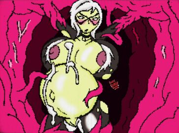 1girls bellbell404 belly big_belly big_breasts black_cat_(marvel) bondage breasts felicia_hardy female marvel marvel_comics nipples pixel_art pussy tentacle torn_clothes white_hair