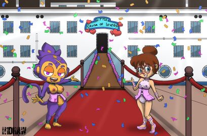 2025 absurd_res alvin_and_the_chipmunks anthro artist_logo barefoot bloons_tower_defense breasts brown_hair chipmunk clothed clothing collar confetti day detailed_background duo english_text eyewear ezili ezili_(bloons) feet female footwear fur genitals gesture glasses ground_squirrel h1draw hair half-closed_eyes haplorhine hi_res jeanette_miller logo looking_at_viewer mammal monkey narrowed_eyes ninja_kiwi nipples open_mouth open_smile outside partially_clothed primate purple_body purple_fur pussy red_carpet rodent sciurid ship shoes short_female skimpy small_breasts smile squirrel standing text translucent translucent_clothing vehicle vulva watercraft