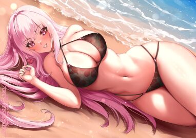 1girls 2d 2d_(artwork) alternate_costume azuukichan bangs bangs_between_eyes beach belly_button big_breasts bikini bikini_bottom bikini_top black_bikini black_bikini_bottom black_bikini_top black_swimsuit blush breasts day female female_focus female_only hair_between_eyes hair_on_floor halter_bikini high_resolution highres hololive hololive_english hololive_myth hourglass_figure light-skinned_female light_skin long_hair looking_at_viewer lying mori_calliope multi-strapped_bikini navel ocean outdoors pink_eyes pink_hair sideboob sidelocks slim_female smiling smiling_at_viewer solo solo_female solo_focus summer swimsuit two_piece_swimsuit very_long_hair virtual_youtuber voluptuous voluptuous_female vtuber vtuberfanart water young younger_female