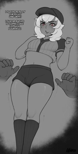 1boy 1femboy abarus arvis_(abarus) crop_top dialogue disembodied_hand disembodied_hands femboy fully_clothed gay kneehighs lied male male_only midriff original short_shorts shorts tagme text thick_thighs tight_clothing uniform white_hair yaoi