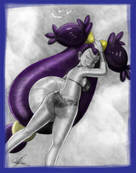 2017 alternate_costume arm_up ass ass_cleavage ass_crack ball_(object) beachball bikini bird blue_border border breasts butt_crack closed_eyes dark-skinned_female dark_skin dated female female_focus from_behind grey_background hair_ornament hand_on_own_head hand_up iris_(pokemon) large_breasts legs_apart long_hair monochrome nintendo pokemon pokemon_(anime) pokemon_bw pokemon_bw_(anime) purple_hair seagull signature simple_background smile solo spot_color standing swimsuit teeth text_focus todd_l._milhouse very_long_hair