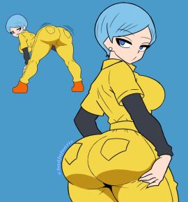 1girls ass ass_focus ass_shake badjujuarts bent_over big_ass big_breasts blue_eyes blue_hair bodysuit breasts bulma bulma_(dragon_ball_super_superhero) bulma_briefs bulma_briefs_(dragon_ball_super_superhero) clothed dragon_ball dragon_ball_super dragon_ball_super_super_hero earrings female female_focus female_only from_behind huge_ass jumpsuit looking_back short_hair solo solo_female solo_focus thick thick_ass thick_thighs twerking yellow_jumpsuit