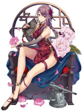 anklet azur_lane bangle bare_legs bare_shoulders black_background black_footwear blue_eyes bracelet braid breasts bridal_garter bridal_gauntlets bun_cover cannon cg chair china_dress chinese_clothes cleavage_cutout clothing_cutout curlew_(azur_lane) curlew_(rhythm_of_the_dragon_empery)_(azur_lane) dress earrings elbow_gloves female flats floral_print flower folding_fan full_body gloves gold_trim gun hair_bun hair_flower hair_ornament hair_ribbon hand_fan high_heels holding holding_fan jewelry large_breasts lattice legs long_hair looking_at_viewer machinery medium_breasts nail_polish official_alternate_costume official_art parted_lips pelvic_curtain petals pink_flower purple_hair red_dress red_nails red_ribbon rigging rose round_window shoes short_dress side_slit sidelocks simple_background single_braid single_hair_bun sitting sleeveless sleeveless_dress smile solo swept_bangs tassel thigh_strap thighs transparent_background turret very_long_hair
