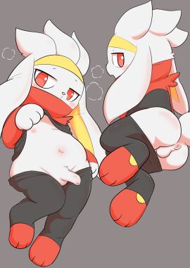 2025 3_toes absurd_res anthro anus balls black_bottomwear black_clothing black_pants blush bottomwear breath clothing embarrassed feet femboy foreskin generation_8_pokemon genitals half-closed_eyes hi_res japanese_description looking_at_viewer looking_back looking_back_at_viewer male narrowed_eyes navel nintendo nipples open_mouth pants penis pokemon pokemon_(species) raboot red_eyes sahiqron serious solo tail teeth toes uncircumcised undressing_self