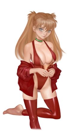 1girls barefoot big_breasts blue_eyes breasts brown_hair busty cleavage feet female female_only highres kneeling large_breasts legs leotard long_hair looking_at_viewer neon_genesis_evangelion smile solo thighs twintails