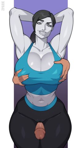 1boy 1girls abs athletic athletic_female big_breasts breast_grab breasts clothed_female completely_nude cumming faceless_male female female_on_male female_on_top male muscular muscular_female nintendo nonpenetrative_sex nude nude_male simple_background thigh_sex wii_fit wii_fit_trainer wii_fit_trainer_(female) zpark