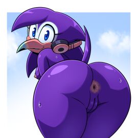 2025 anthro anus areola ass avian beak bent_over biped bird blue_eyes blush blush_lines bodily_fluids breasts electronics fan_character female genitals headphones headphones_around_neck hi_res hyoumaru looking_at_viewer looking_back looking_back_at_viewer nipples nude oc presenting presenting_hindquarters purple_body pussy raised_tail rear_view sega simple_background small_breasts solo sonic_(series) sonic_the_hedgehog_(series) sweat tail toucan