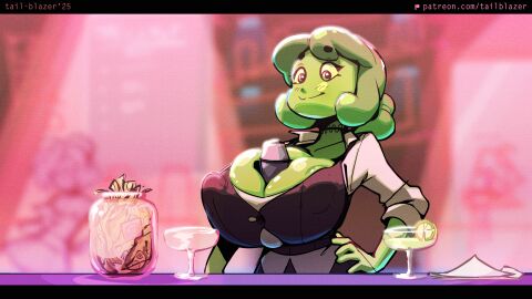 1girls 2d animated bartender big_breasts breasts breasts_bigger_than_head breasts_focus clothed clothed_female convenient_breasts female female_focus female_only green_body green_hair green_skin huge_breasts monster monster_girl nyuru slime slime_girl slime_hair solo solo_female solo_focus tagme tail-blazer