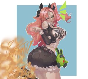 ass big_breasts breasts crop_top cropped_jacket denim_shorts english_text fart fart_everywhere fart_fetish farting fat_ass female green_eyes jean_shorts leg_up looking_back melonarts2_(artist) nicole_demara peace_sign pink_hair pose sideboob tail thick_ass thick_thighs twintails wide_hips zenless_zone_zero