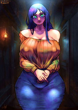 1girls anime big_breasts blue_eyes blue_hair bluewolfartista breasts chainsaw_man child_bearing_hips fanart female green_eyes huge_ass huge_breasts massive_breasts milf mole_under_eye mole_under_mouth mommy nipples_visible_through_clothes nipples_visible_through_clothing santa_claus_(chainsaw_man) sweater thick_thighs wide_hips
