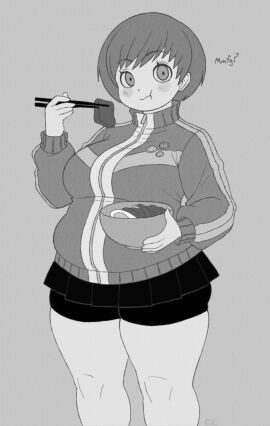 1girls 2025 ? atlus beef big_breasts big_thighs breasts champchidi chie_satonaka chubby chubby_female confusion curvaceous curvy curvy_figure eating eating_food eggs female greyscale huge_thighs large_thighs looking_at_viewer persona persona_4 persona_4_the_golden pupils ramen satonaka_chie short_hair solo solo_female spats sweater text thick_thighs thighs