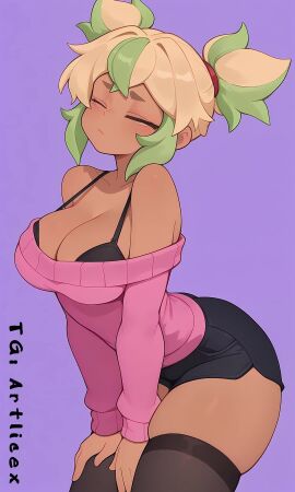 ai_generated animated arched_back arma ass black_bra black_clothing black_shorts black_stockings blondie brawl_stars breasts_out brown_eyes brown_skin clothes cute dolphin_shorts green_hair large_breasts looking_at_viewer mandy_(brawl_stars) navel pink_clothing pink_sweater sexy short_hair shorts shy stockings sweat sweater tagme thick_thighs thigh_highs thighs twintails underwear video