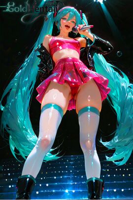 1girls ai_generated aqua_eyes aqua_hair blue_eyes blue_hair boots camera_view concert covered_pussy crop_top cropped_jacket glossy glossy_skin gradient_hair hair_ribbon hairband hatsune_miku high_heel_boots leather_jacket looking_at_viewer looking_down microphone pink_panties pink_skirt pov pov_eye_contact shiny_skin singing skirt skirt_up small_breasts stage standing sweat thigh_highs thighhighs thighs twintails underwear vocaloid