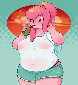 2d adventure_time chubby chubby_female dabble female full_color fully_clothed nipples_visible_through_clothing no_penetration pink_hair pink_skin plump princess_bubblegum see-through_clothing see-through_shirt solo solo_female thigh_squish thong_straps wet_shirt