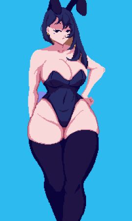 1girls animated big_breasts binah black_hair blue_background breasts bunny_ears bunny_girl bunnysuit female library_of_ruina limbus_company pale_skin piercing pixel_animation pixel_art project_moon stockings thick_thighs two-tone_hair white_skin zolotokos