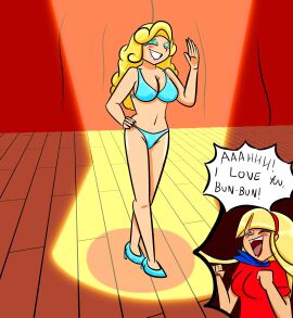 2girls aqua_bikini aqua_high_heels bikini blonde_hair breasts brittney_(revrookington) dress female hairband high_heels lipstick long_hair navel on_stage red_dress revrookington short_sleeves stage tagme tiffany_(revrookington)