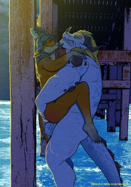 anal anthro ass biped bodily_fluids claws closed_eyes cum cum_in_ass cum_inside digital_drawing_(artwork) digital_media_(artwork) dragon duo genital_fluids hair hi_res male male/male maychin mythological_creature mythological_scalie mythology orange_body original_characters scalie sea sex standing tail teeth toe_claws water