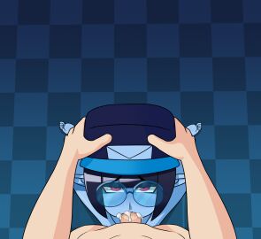 1boy 1girls alternate_version_available blowjob blue_skin breasts cum cum_in_mouth darosgr glasses hands_on_head hat looking_at_viewer nora_(shroommage) nude on_knees original penis pov someone_else's_oc