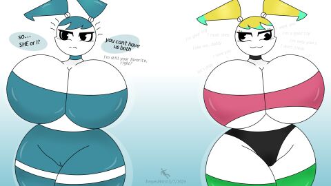 2024 2girls ass big_ass big_breasts bimbo blonde_hair breast_bigger_than_head breasts conversation derpy_eyes dropedartist enormous_breasts female huge_ass huge_breasts jenny_wakeman looking_away multiple_females multiple_girls my_life_as_a_teenage_robot robot robot_girl robot_humanoid self_upload smile smiling text thick thick_ass thick_thighs wide_hips