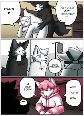 2024 accessory alliartist ambiguous_gender anthro bar bartender black_body black_fur bodily_fluids book bookshelf canid canine canis changed_(video_game) chest_tuft clothed clothing coat colored comic dazed_(video_game) dialogue dr.k_(changed) english_text faceless_ambiguous faceless_anthro faceless_character faceless_male fur furniture gas_mask get_pregnant_(meme) goo_creature group hair hi_res hoodie humping impregnation iv_bag labcoat lin_(changed) male male/male mammal mask meme motion_lines nude nude_anthro nude_male open_mouth ora_ora_get_pregnant ora_ora_get_pregnant_(meme) pink_hair puro_(changed) sex shaded skull_mask speech_bubble surprised_expression sweat sweatdrop tail text thrusting topwear tuft white_body white_fur wolf xi_(dazed)