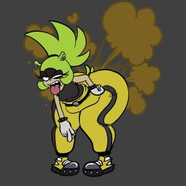 1girls ass big_ass bottom_heavy bottom_heavy_female bubble_ass bubble_butt curvaceous_female curvaceous_figure curves curvy_body curvy_female curvy_figure curvy_hips fart full_body fully_clothed gloves gray_background green_fur grey_background hand_on_hip huge_ass mobian mobian_(species) no_background pear-shaped_figure pear_shaped round_ass round_butt simple_background small_breasts sonic_(series) sonic_the_hedgehog_(comics) sonic_the_hedgehog_(idw) sonic_the_hedgehog_(series) surge_the_tenrec tongue tongue_out voluptuous voluptuous_body voluptuous_female yellow_pants