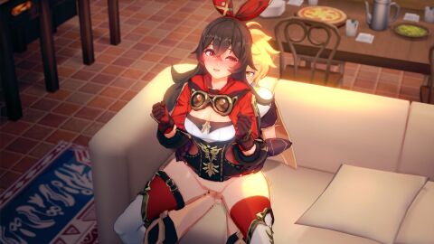 1boy 1girls 3d aether_(genshin_impact) amber_(genshin_impact) censored female genshin_impact himpact_(artist) hoyoverse long_hair male mihoyo mosaic_censoring pleasure_face pussy sex straight vaginal_penetration vaginal_sex