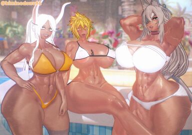 3d 3girls ass athletic_female big_breasts bleach breasts crossover dark-skinned_female female female_only ghislaine_dedoldia huge_ass huge_breasts kiminodonuts koikatsu mirko multiple_females multiple_girls muscular muscular_female mushoku_tensei my_hero_academia rumi_usagiyama tia_harribel