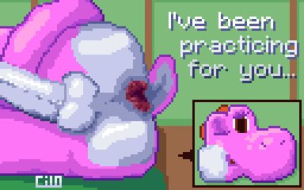 anthro anus arm_on_leg ass balls bed brown_eyes brown_floor cilokyne digital_media_(artwork) furniture genitals green_wall hi_res humanoid_genitalia humanoid_penis inside lying male mario_(series) nintendo nude nude_anthro on_bed on_side one_eye_closed penis pink_body pink_yoshi pixel_(artwork) pixel_art pixelated presenting presenting_anus presenting_hindquarters red_anus small_tail solo tail text white_balls white_butt white_penis wink yoshi