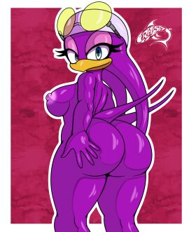 absurd_res anthro areola artist_logo ass avian bandana beak big_ass big_butt bird blue_eyes breasts eyelashes eyewear eyewear_on_head feathers female half-closed_eyes hand_on_ass hand_on_butt hi_res hirundinid kerchief logo looking_at_viewer looking_back looking_back_at_viewer mostly_nude narrowed_eyes nipples non-mammal_breasts non-mammal_nipples oscine passerine portrait purple_areola purple_body purple_feathers purple_nipples rear_view renegade-157 sega solo sonic_(series) sonic_riders sonic_the_hedgehog_(series) sunglasses sunglasses_on_head swallow_(bird) thick_thighs three-quarter_portrait three-quarter_view wave_the_swallow yellow_beak