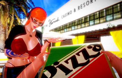 3d 3d_(artwork) absurd_res bra cleavage crossover dog_tags erect_nipples_under_bra exposed_bra exposed_breasts femsub freckles_on_face glowing_eyes grand_theft_auto grand_theft_auto_online green_eyes gta_online_male_character headphones helixvindictus highres honey_select_2 huge_breasts leggings long_hair maledom navel necklace orange_hair pants pizza posing red_lingerie text thong thong_above_pants tomboy vella_(vindictus) vindictus