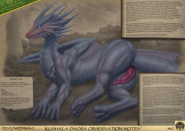 absurd_res capcom dragon english_text feral genitals glowing glowing_eyes hi_res knot knotted_penis kushala_daora looking_at_viewer lying male monster_hunter mythological_creature mythological_scalie mythology on_side outside penis scalie solo tapering_penis testowepiwko text