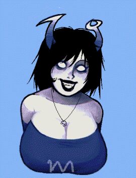 1girls aranea_serket bare_shoulders big_breasts black_hair blank_eyes breasts cleavage clothing creepy_smile female ghost ghost_girl homestuck homestuck_troll horns huge_breasts looking_at_viewer ms_paint_adventures necklace smile solo solo_female troll white_eyes ykujo