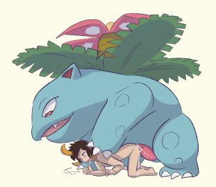 bloowolfy commission completely_nude drooling female generation_1_pokemon glasses male male_pokemon/female_human mounting nintendo nude penis penis_out pokemon pokemon_(species) pokephilia precum size_difference venusaur zoophilia