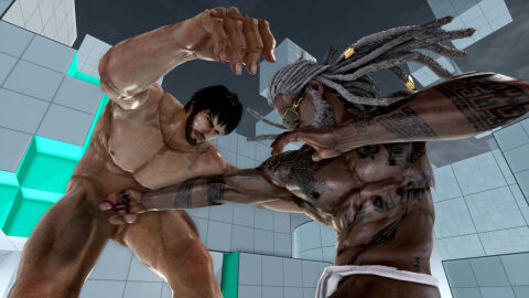 2boys 3d 3d_(artwork) 3d_model awkward_situation balls bandai_namco brown_eyes brown_hair cock_and_ball_torture cock_and_balls_torture fighting leroy_smith male male/male male_only naked naked_male nude nude_male ogami4 penis shaheen sunglasses_on_face tattooed_male tekken tekken_7 white_hair