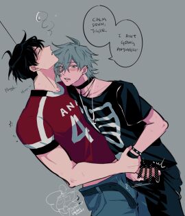 801mayora alien_stage black_belt black_hair black_pants black_shirt blue_pants blush bracelet closed_eyes ear_piercing earrings english_text football_jersey grey_background grey_hair half-erect handjob holding_another's_wrist ivan_(alien_stage) male penis pretty_boy red_shirt short_sleeves skeleton_print skinny till_(alien_stage) unbuckled_belt yaoi