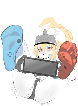 1girls blonde_hair different_socks embarrassed feet feet_together_knees_apart feet_up feet_visible_through_clothing female foot_fetish foot_focus foot_play imminent_foot_worship legs luciana_de_montefio nintendo nintendo_switch shorts socks spread_legs thighs x4archer zenless_zone_zero
