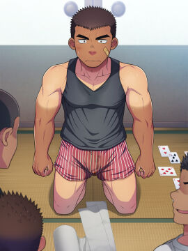 4boys bandaid bandaid_on_face being_watched biceps black_hair blush brown_hair buzz_cut collarbone cross_scar dirty_clothing evil_grin eyeless_male frown futase_hikaru gay hi_res indoors japanese_house kneeling leg_hair legs_apart looking_at_another loser lunatique male male_only mature_male mob_face muscles muscular muscular_arms muscular_male original original_character pecs poker punishment sanpaku scar scar_on_face short_hair sliding_doors small_pupils spiky_hair striped_legwear sweat sweatdrop tan tan_body tanktop tanline tatami thick_eyebrows tissue toilet_paper underwear yaoi yellow_eyes young