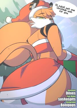 1girls animated anthro ass big_ass bouncing_ass bubble_ass bubble_butt christmas christmas_outfit clothing crop_top dialogue diives dou_(diives) fat_ass female female_only hat holidays huge_ass jiggle jiggling_ass large_ass long_hair looking_at_viewer looking_back orange_hair panties santa_hat skirt solo tail talking_to_viewer text thick_ass thick_thighs vertical_video wide_hips xingzuo_temple