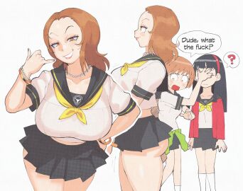 3girls amagi_yukiko ass big_ass big_breasts breasts call_me_gesture dialogue english_text female hi_res high_resolution highres inkerton-kun inkuusan kashiwagi_noriko large_breasts mature mature_female microskirt persona persona_4 satonaka_chie school_uniform solo_focus teacher teacher_and_student text underbutt