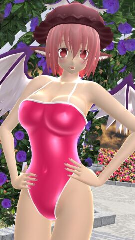 1girls 2024 3d afternoon belly_button breasts brown_hat female flower_field hati_yukkuri_mmd humanoid imperishable_night kemonomimi light-skinned_female light_skin looking_at_viewer mmd mystia_lorelei outside owl_ears pink-haired_female pink_eyes pink_swimsuit solo_female solo_focus swimsuit touhou wings youkai