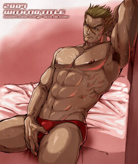00s 1boy 2007 andreas_darlton ass bara bed blonde_hair bulge code_geass dated gay light-skinned_male light_skin male male_only muscular nipples one_arm_behind_head red_speedo red_underwear simple_background solo speedo sweatdrop underwear with_no_title yaoi